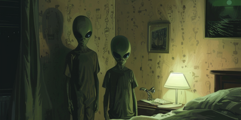 Image of two grey aliens standing beside a bed at night