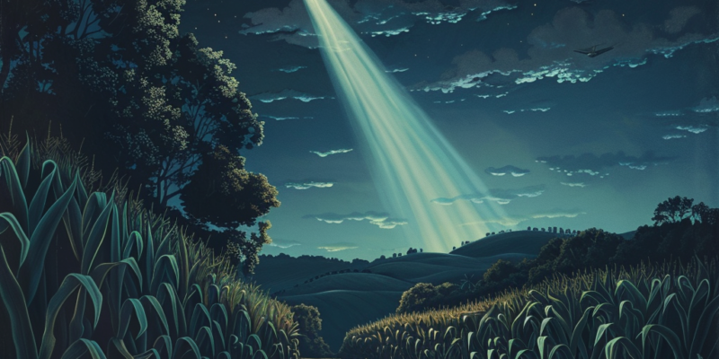 Illustration of a ufo shining a beam of light on a cornfield at night