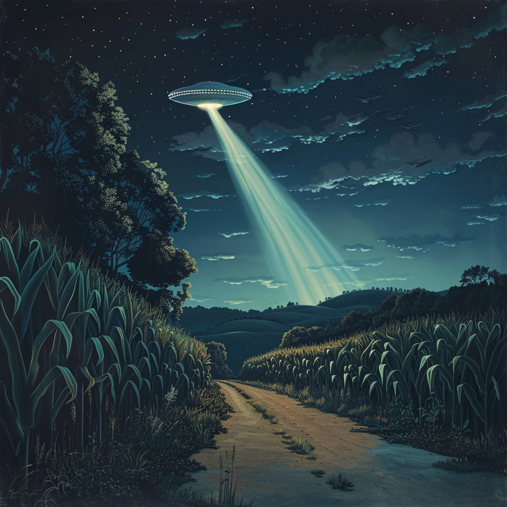 Illustration of a ufo shining a beam of light on a cornfield at night