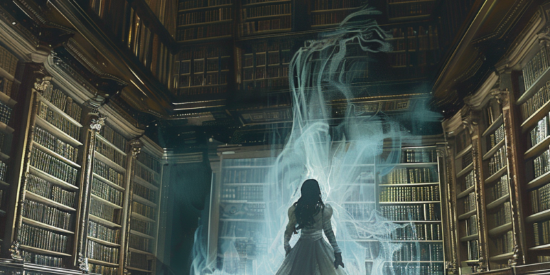 Illustration of a transparent, ghostly figure in a library